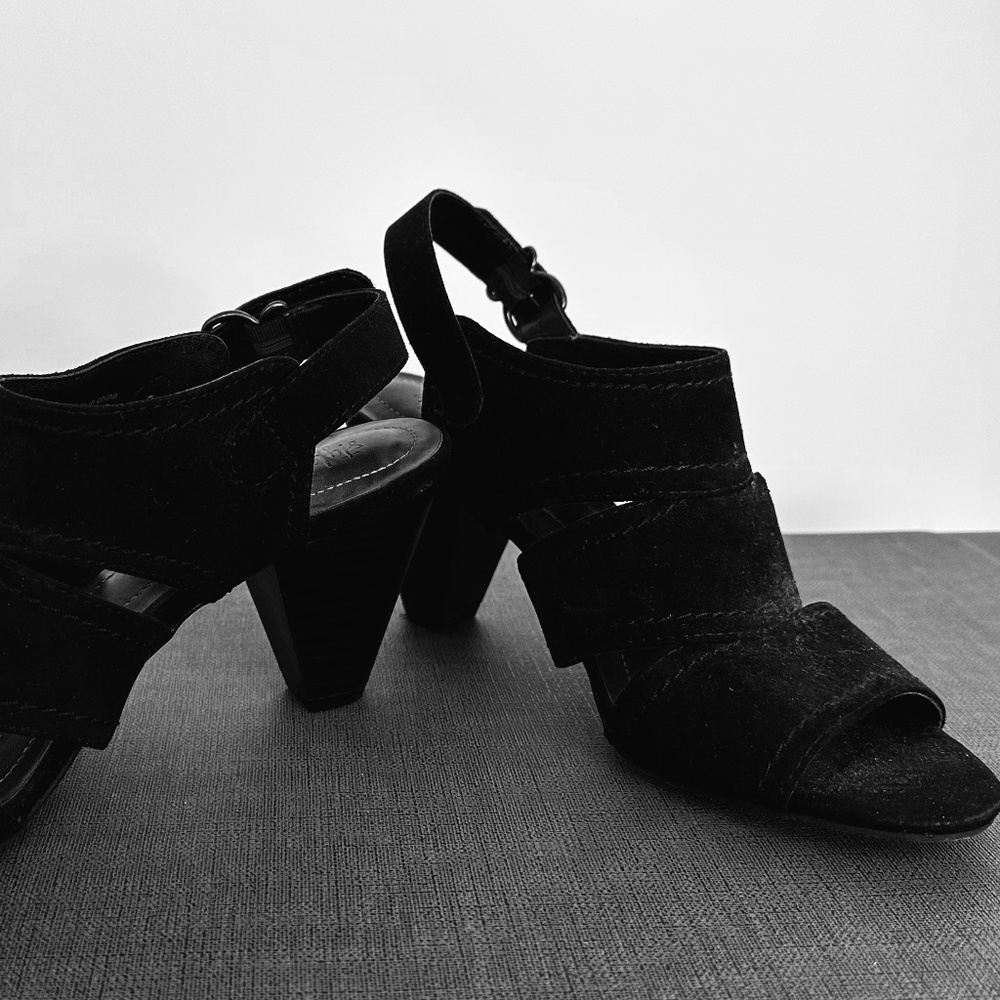 Style & Co. Black, faux-suede backless medium heels